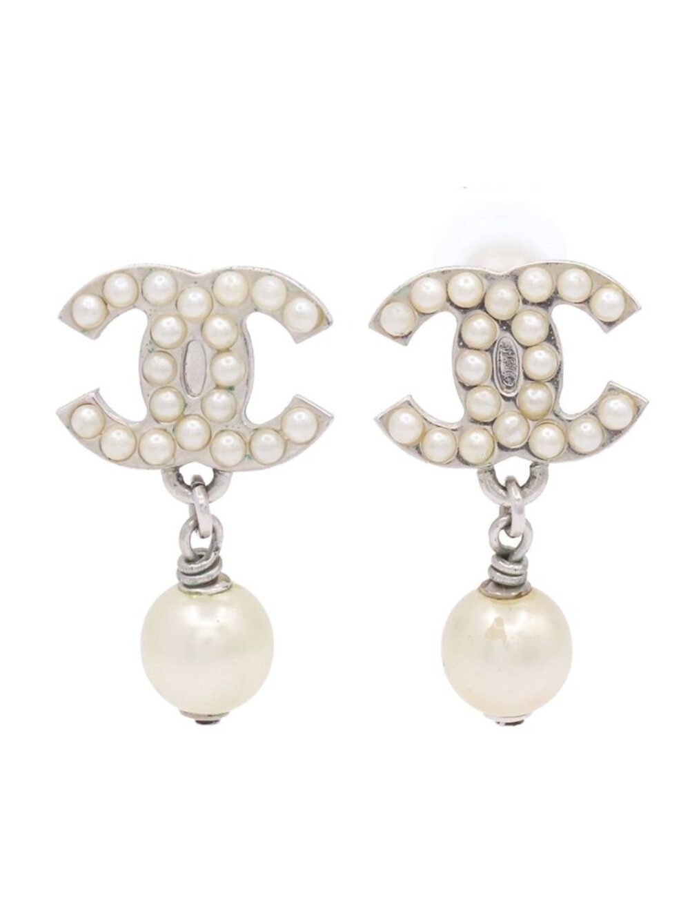 Chanel Swing Earrings Silver White Metal Costume Pearl CC Logo